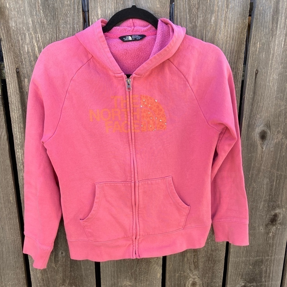Girl's North Face Pink Logo Full-Zip Hoodie L Cotton Pocket Outdoors Climb Camp